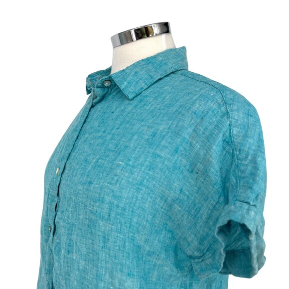 Tahari Turquoise 100% Linen Button-Up Short-Sleeve Shirt Blue Size Small - Picture 4 of 9